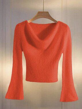 Orange Casual Women's Flared Sleeve Asymmetrical Hem Knit Sweater